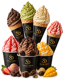 Chocolate, pistachio, vanilla, strawberry and mango ice cream cups and cones
