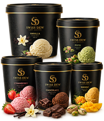 Swiss Dew family tubs in vanilla, pista, strawberry, chocolate and mango